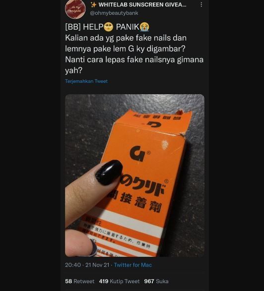 Viral Warganet Pakai Lem Super untuk Kuku Palsu (twitter.com/indostruggles)