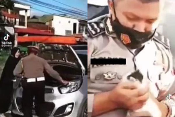 Viral Polisi Selamatkan Anak Kucing di Bawah Mobil Emak-emak. (Twitter/@txtdariorangberseragam)