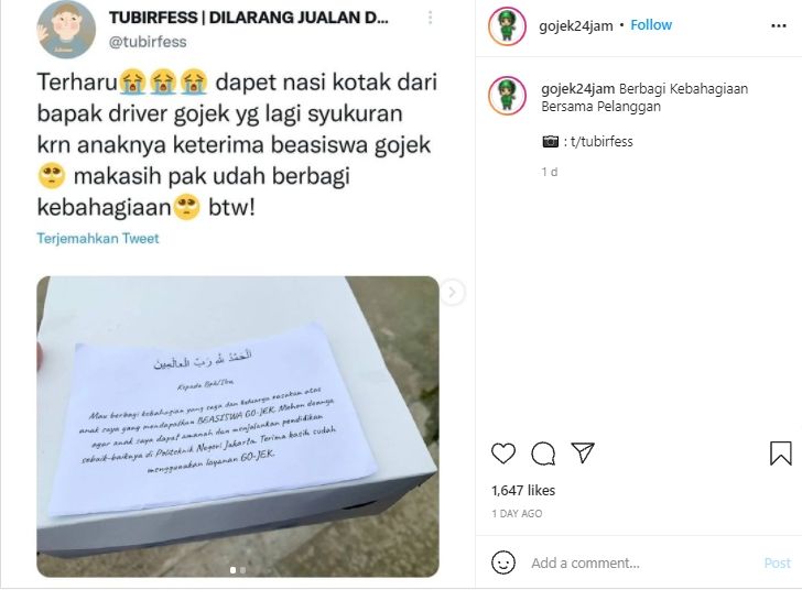 Driver ojol bagikan nasi kotak ke pelanggan. (Instagram/@gojek24jam)