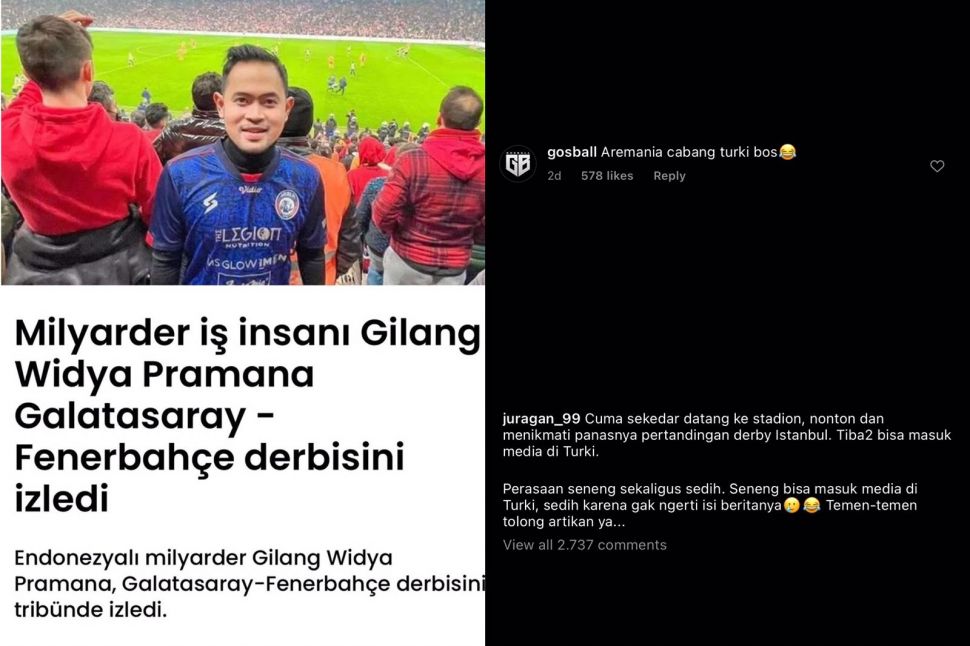 Kehadiran Gilang Widya Pramana alias Juragan 99 saat nonton pertandingan Galatasary vs Fenerbahce ditulis media Turki. [Instagram]