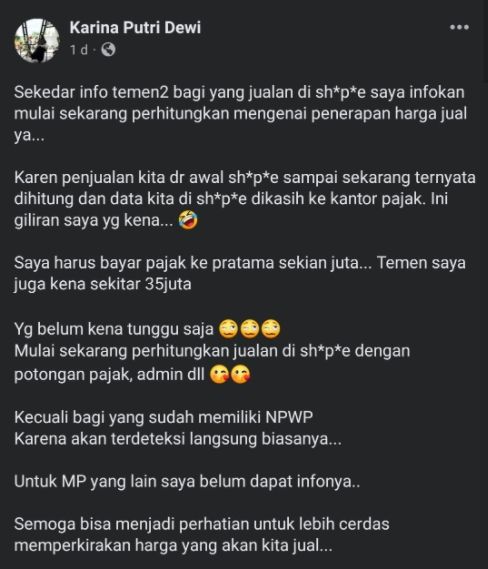 Pedagang online ditagih pajak Rp 35 juta. (Twitter/txtdarionlshop)