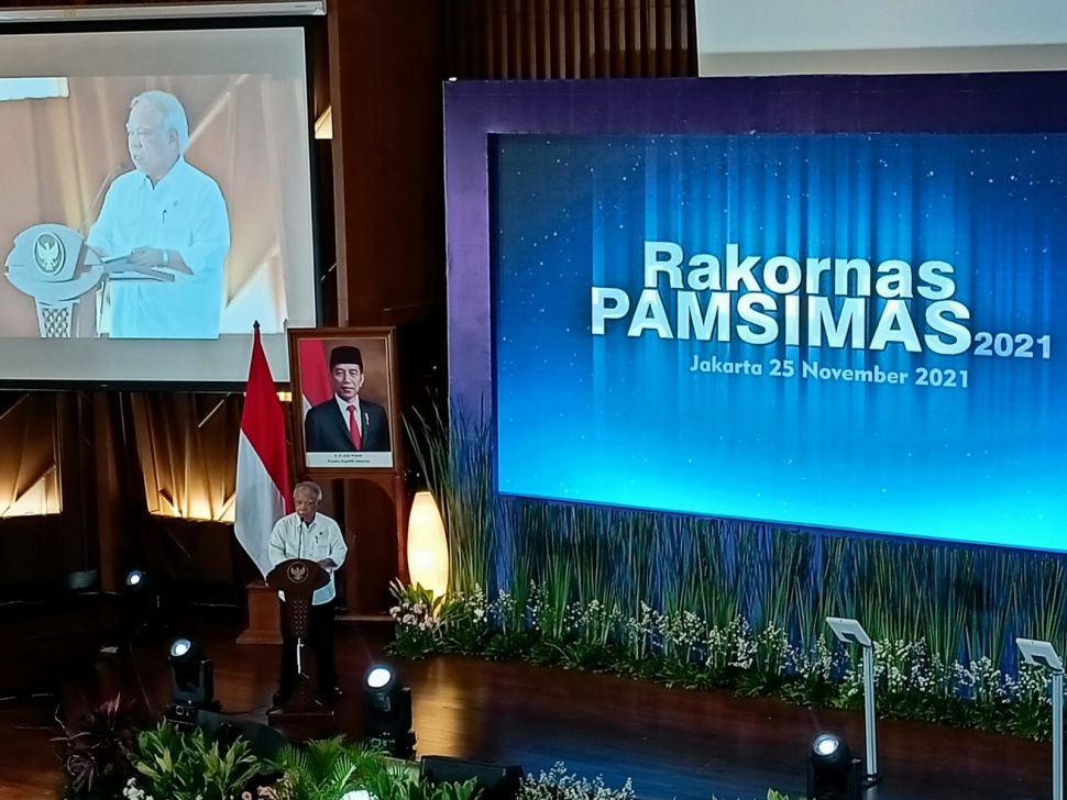 Menteri PUPR, Basuki Hadimuljono saat memberikan sambutan dalam Rakornas Program Pamsimas III 2021 di Auditorium Kementerian PUPR. (Restu Fadilah/Suara.com)