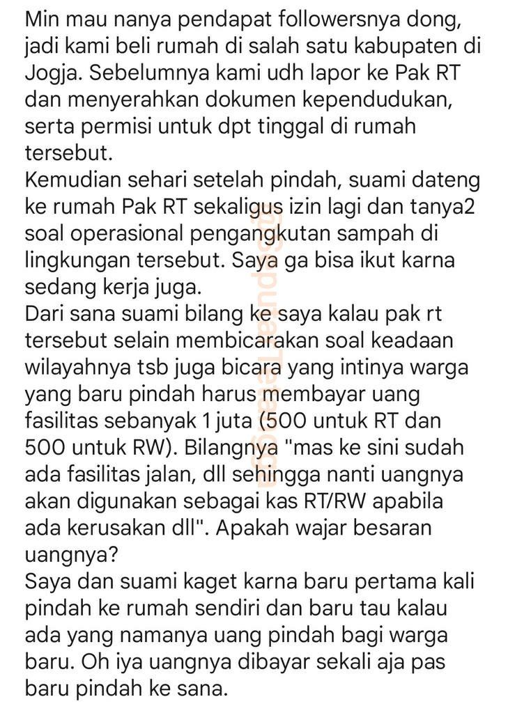 Viral Curhat Wanita Ditagih Uang Rp 1 Juta Oleh Pak RT Baru Tuai Perdebatan. (Twitter/@SeputarTetangga)