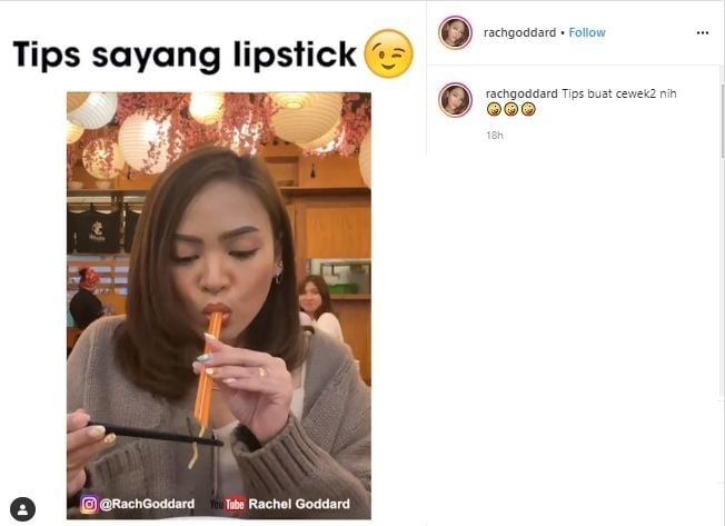 Biar Lipstik Selalu Cetar, Youtuber Ini Makan Mie Pakai Sedotan. (instagram.com/rachgoddard)