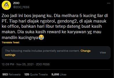 Cerita Bos WNA Pelihara Kucing Liar Bikin Terenyuh. (Twitter/@ZOO_FESS)