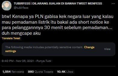 Viral PLN Dikritik Padamkan Listrik Tanpa Pemberitahuan. (Twitter/@tubirfess)