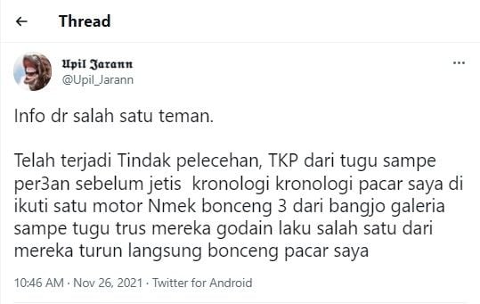 Twit pelecehan seksual di dekat Tugu Jogja - (Twitter/@Upil_Jarann)