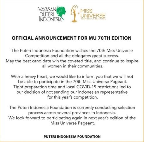 Putri Indonesia Dipastikan Tidak Akan Ikut Miss Universe 2021 di Israel. (Instagram/@officialputeriindonesia)