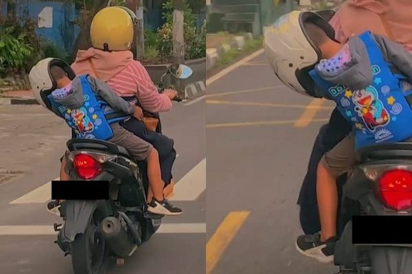Viral Posisi Bocah Bonceng Ibu Naik Motor Bikin Ngilu. (TikTok)
