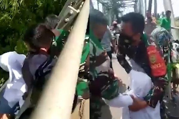 Detik-Detik Menegangkan TNI dan Warga Selamatkan Siswi yang Mau Loncat dari Jembatan. (Instagram/@majeliskopi08)