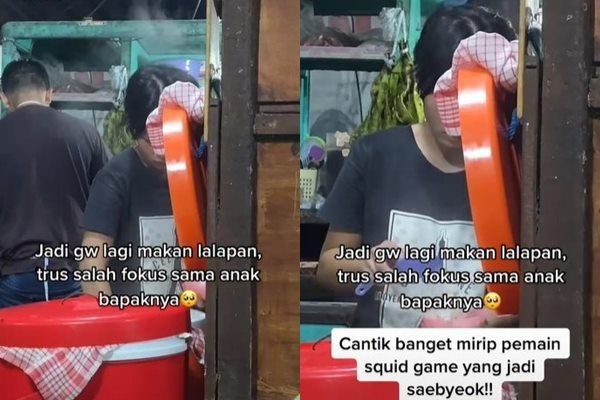 Viral Cewek Ini Syok Lihat Anak Penjual Warung Penyetan Mirip Pemain Squid Game. (TikTok)