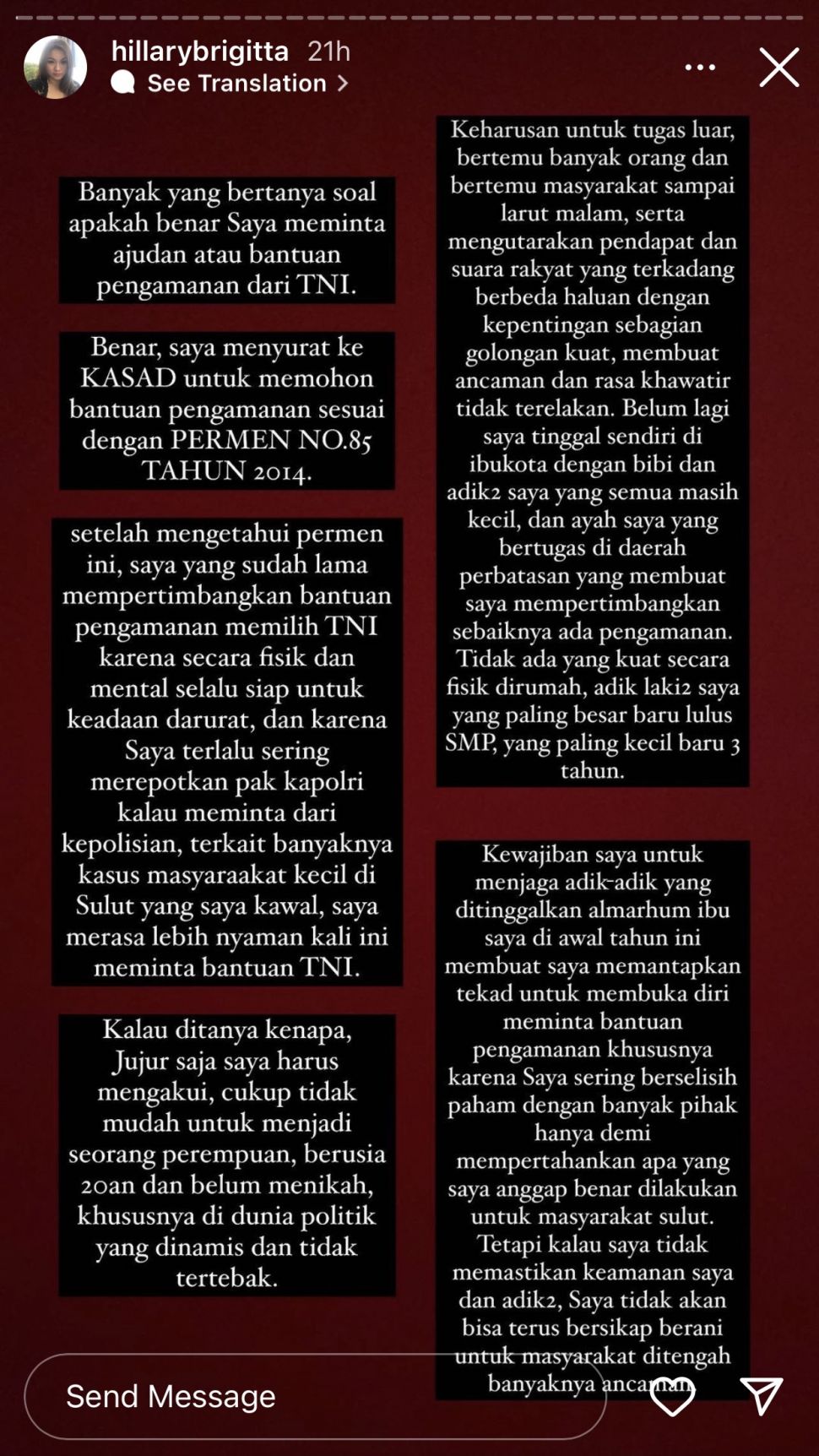 Tangkapan layar postingan anggota DPR Hillary Brigitta Lasut minta ajudan pribadi ke KSAD TNI Jenderal Dudung Abdurachman. (/Dok. Hillary Brigitta Lasut)