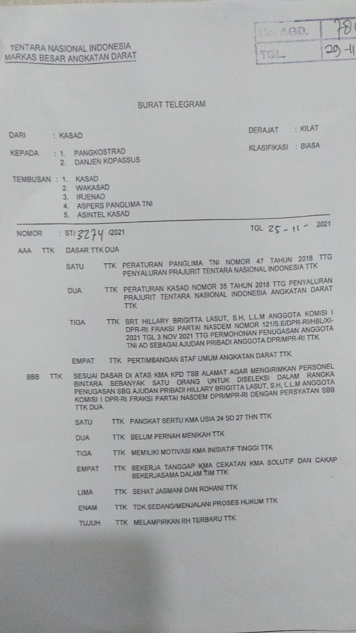 Anggota DPR muda Hillary Brigitta Lasut ajukan surat ke KSAD Dudung Abdurachman minta ajudan dari TNI. (Tangkapan layar/Dok. Hillary Brigitta Lasut)
