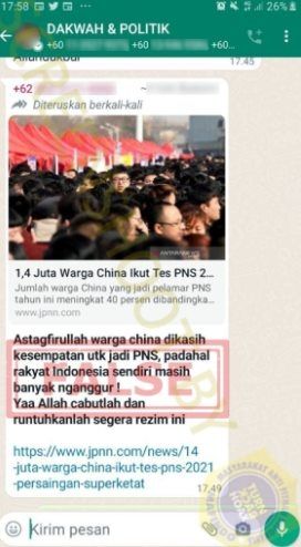 CEK FAKTA Warga China Boleh Jadi PNS Saat Banyak Rakyat Indonesia Pengangguran. (Turnbackhoax.id)