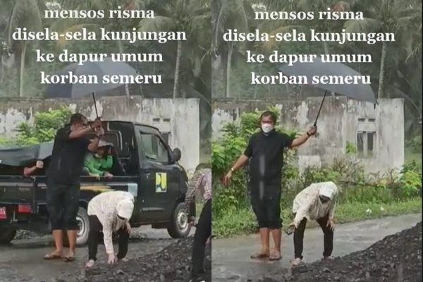 Viral Aksi Mensos Risma Punguti Batu di Tengah Hujan Disorot. (TikTok)