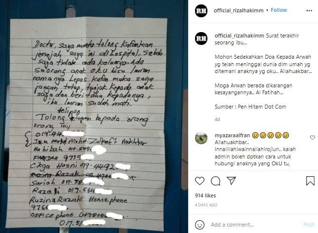 Surat Pilu Ibu Sebelum Meninggal Demi Sang Anak. (Instagram/@official_rizalhakimm)