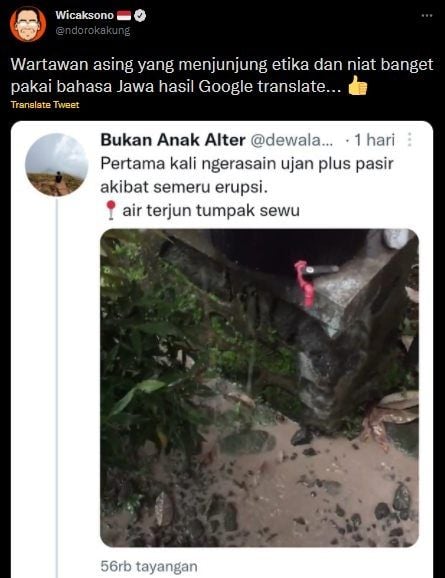 Viral Tweet Wartawan Asing Izin Soal Video Semeru Pakai Bahasa Jawa Hasil Google Translate. (Twitter/@ndorokakung)