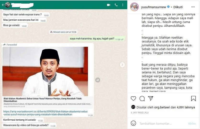 Unggahan Ustaz Yusuf Mansur, di mana seorang wartawan meminta klarifikasinya terkait tuduhan menipu dalam kasus investasi. [Instagram]