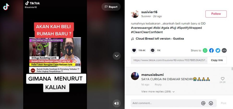 CEK FAKTA Rumah Doddy Sudrajat di Pemalang Ludes Terbakar Rugi Ratusan Juta. (TikTok/@susivier16)