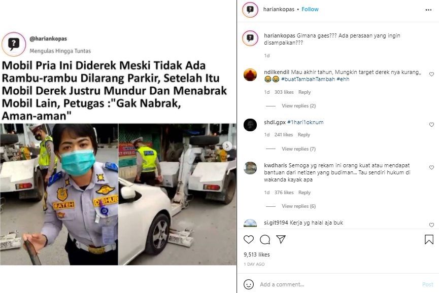 Viral Mobil Diderek Meski Tak Ada Rambu Dilarang Parkir. (Instagram/@hariankopas)