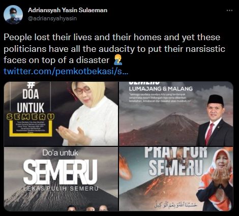 Foto narsis politisi dan pejabat di poster musibah bencana Gunung Semeru. (Twitter/@adriansyahyasin)