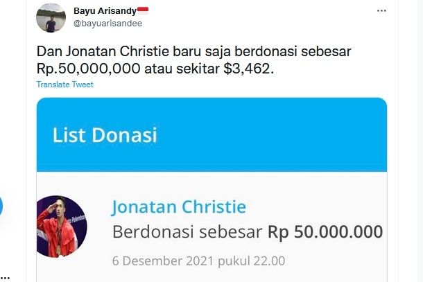 Twit soal Jonatan Christie sumbang Rp 50 juta untuk korban erupsi Gunung Semeru. [Twitter]