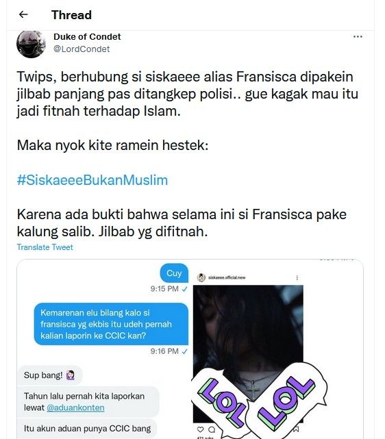 Seorang warganet di Twitter menilai Fransiska Candra Novitasari alias Siskaeee telah melecehkan Islam dengan hijab yang dipakainya saat ditangkap polisi. [Twitter]