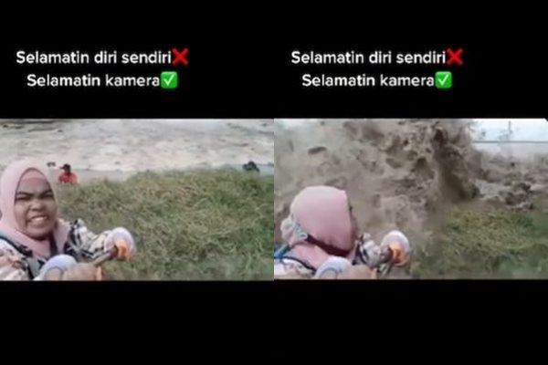 Viral Emak-emak Tantang Maut Sengaja Diterjang Ombak Besar. (TikTok)