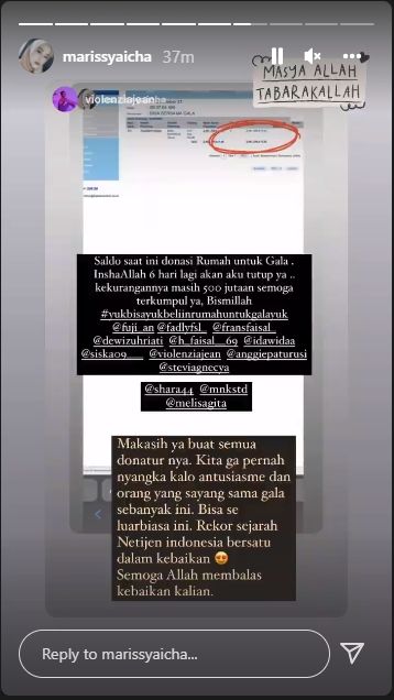 Marissya Icha, sahabat Vanessa Angel ungkap donasi untuk rumah Gala capai Rp 2,46 miliar [Instagram/@marissyaicha]