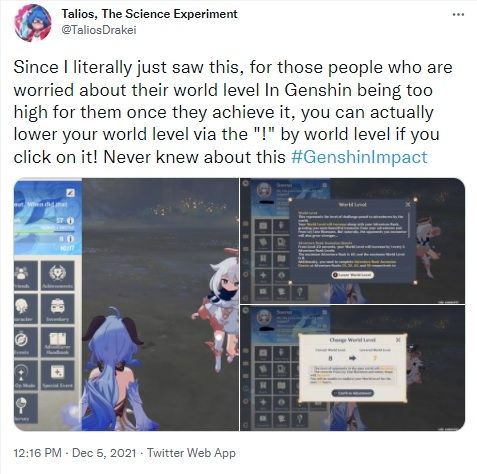 Cara Turunkan World Level Genshin Impact. [Twitter]