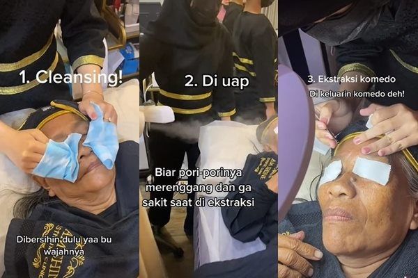 Viral Nenek Tukang Sapu Diberi Facial Gratis di Klinik Kecantikan. (TikTok)