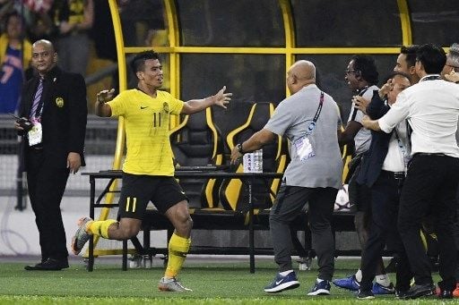 Pemain Malaysia Safawi Rasid rayakan golnya ke gawang lawan di ajang Piala AFF 2020, Desember 2021. [AFP]