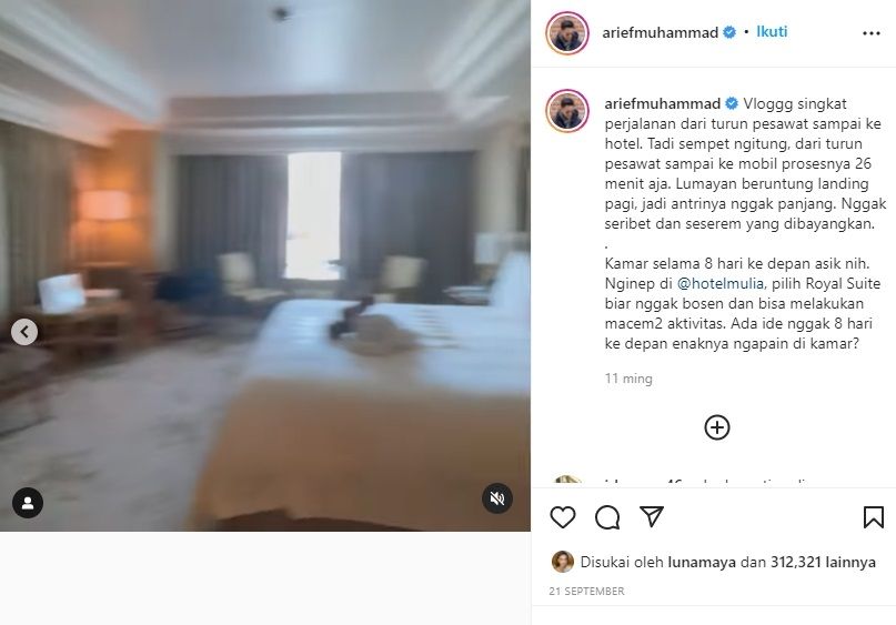 Arief Muhammad tunjukkan hotel tempat menjalani karantina. [Instagram]