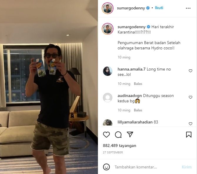 Denny Sumargo ceria di hari terakhir karantina. [Instagram] 