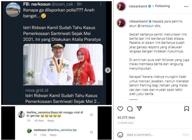 Ridwan Kamil Tulis 6 Poin Penjelasan Soal Istri Dituduh Tutupi Kasus Pemerkosaan. (Instagram/@ridwankamil)