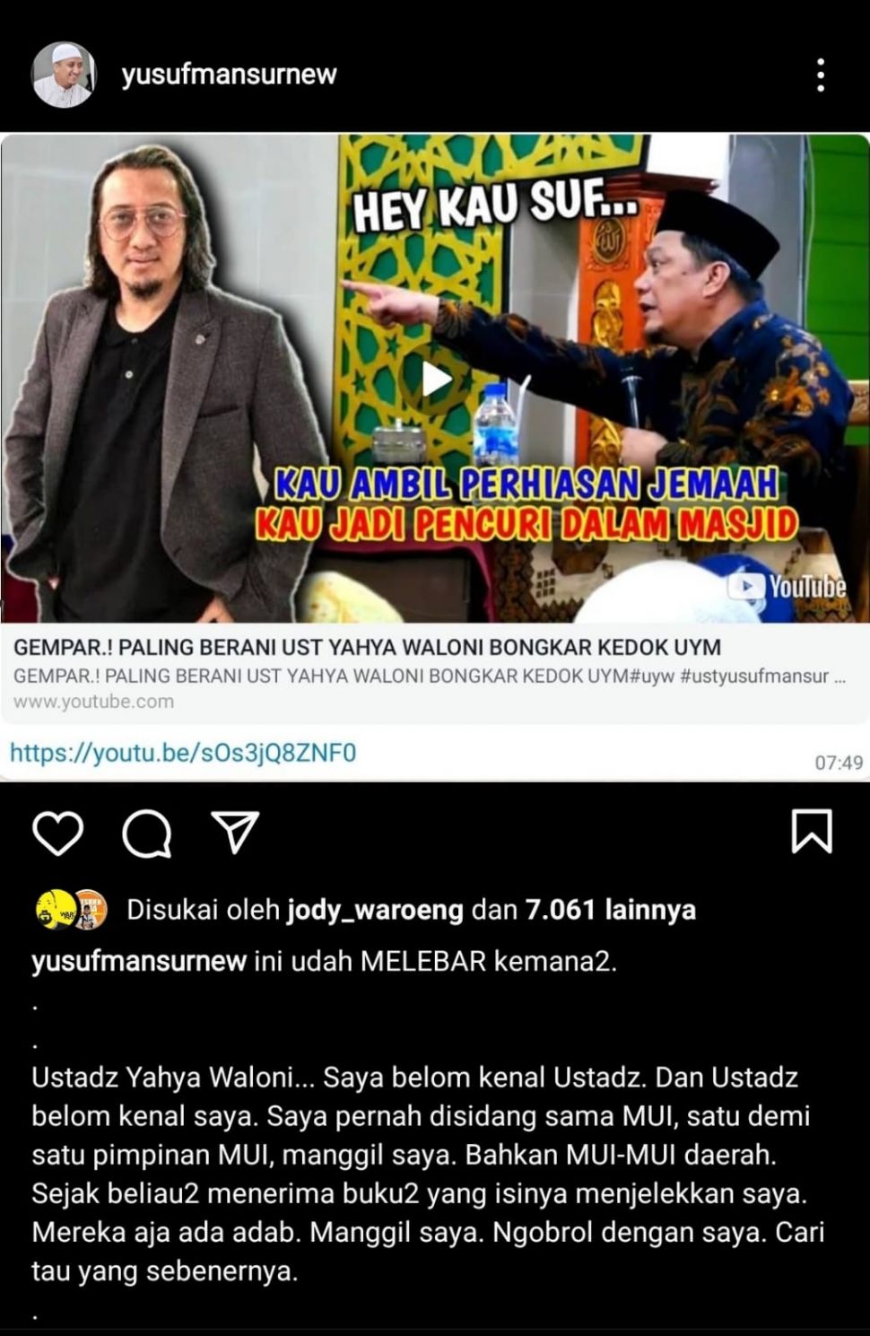 unggahan ustaz Yusuf Mansur mengenai youtube ustaz Yahya Waloni. [yusufmansurnew / Instagram]