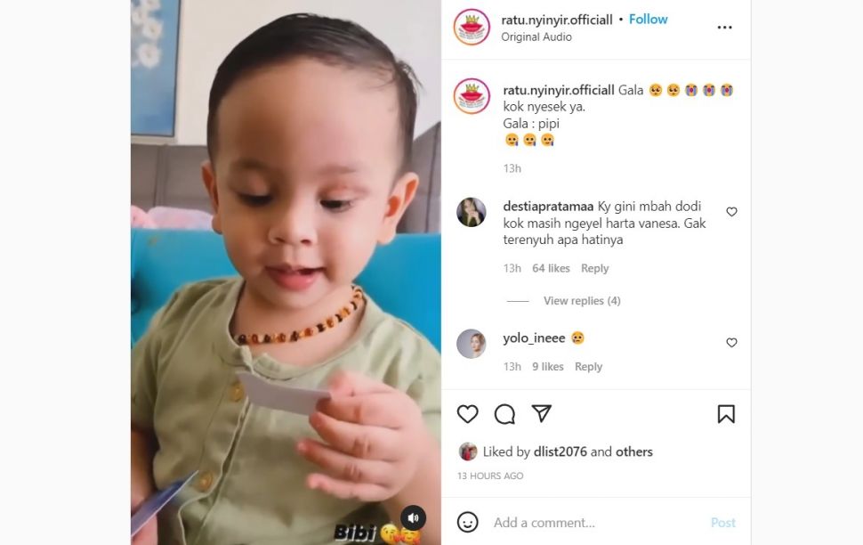 Reaksi Gala Sky saat dilihatkan foto ayahnya Bibi Ardiansyah. [Instagram]