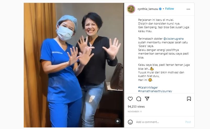 Cara Cynthia Lamusu menurunkan berat badan. (Instagram/@cynthia_lamusu)