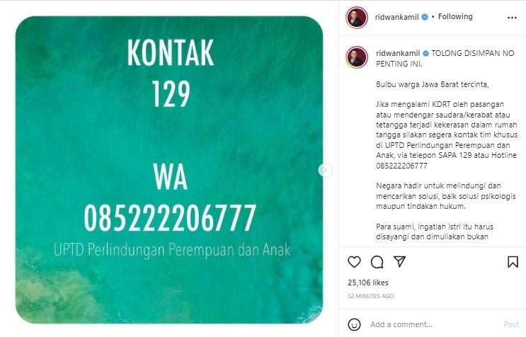 Ridwan Kamil Soroti Kasus Suami Siksa dan Telanjangi Istri. (Instagram/@ridwankamil)