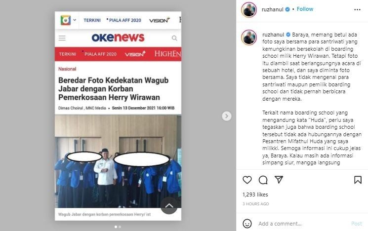 Wagub Jabar Beri Klarifikasi Soal Isu Kedekatan Dengan Santriwati Korban Pemerkosaan. (Instagram/@Ruzhanul Ulum)