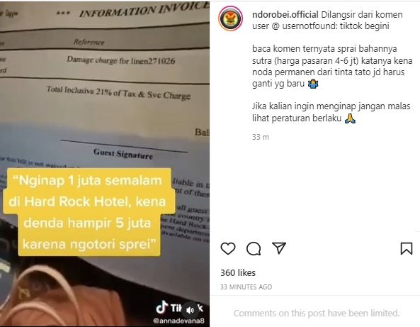 Viral tamu terungkap denda Rp 5 juta.  Ini adalah jawaban dari Hard Rock Bali Hotel.  (Instagram/@ndorobei.official)