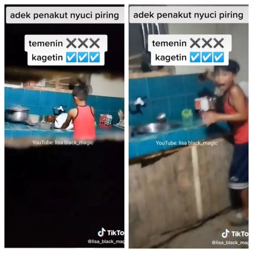 Adik ditakut-takuti kakak saat mencuci piring (TikTok @lisa_black_magic)