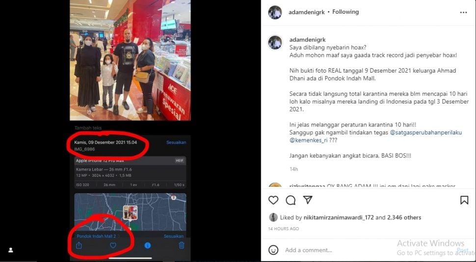 Adam Deni beberkan foto Ahmad Dhani dan Mulan Jameela ada di mal saat masa karantina [Instagram/@adamdenigrk]