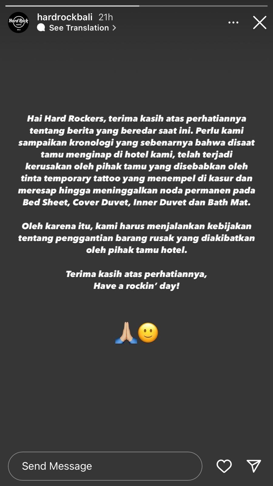 Reaksi Hard Rock Bali Hotel atas kabar yang beredar.  (Instagram/Hard Rock Volley)