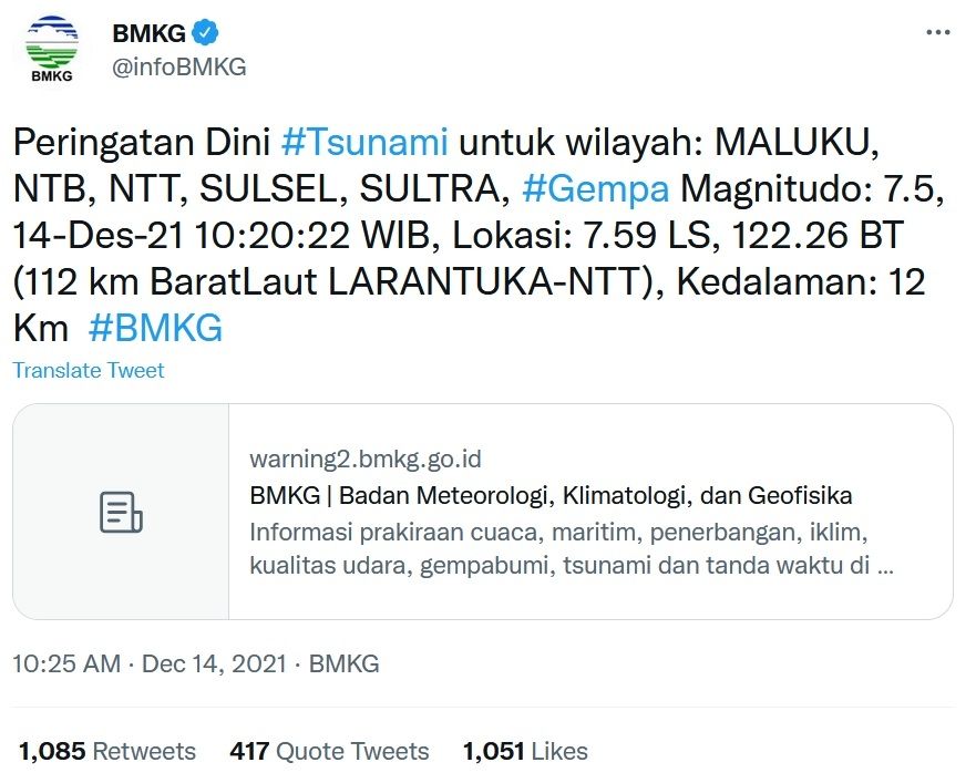 Peringatan dini tsunami BMKG. [Twitter]