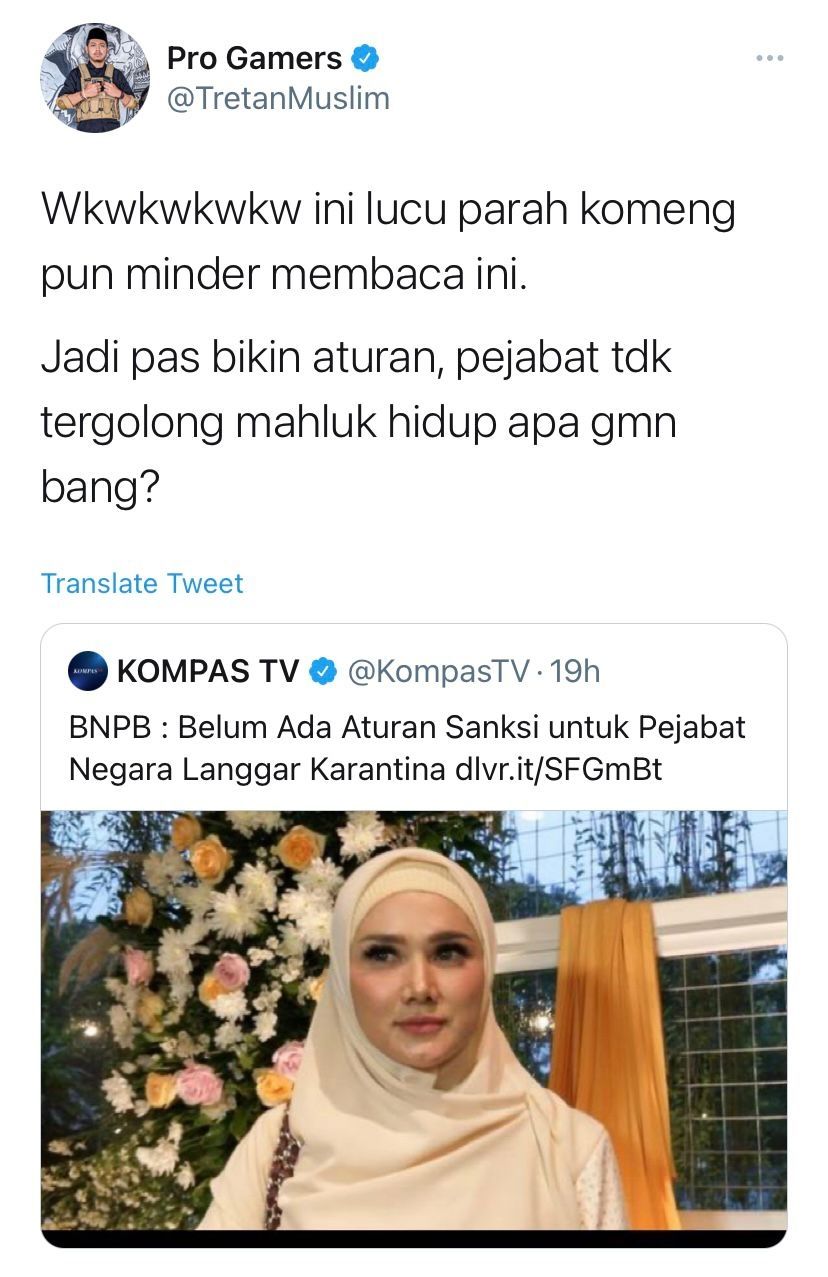 Sindiran Tretan Muslim terkait pernyataan Kepala BNPB. (Twitter/TretanMuslim)