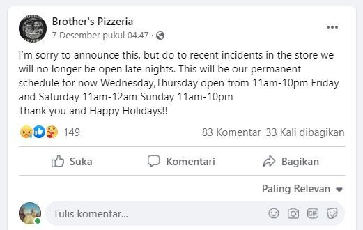 Pemilik toko pizza bonyok ditinju pelanggan. (Facebook/Brotherspizzeriaws)