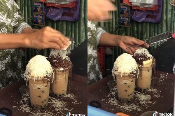 Viral Aksi Emak-emak Parut Topping Saat Jualan Es Cokelat Bikin Syok. (TikTok)