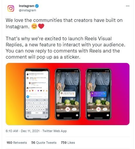 Fitur baru Instagram Reels, balas komentar lewat video. [Twitter]