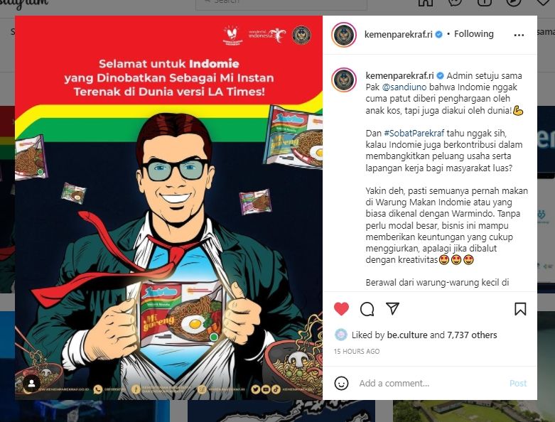 Indomie Dinobatkan Sebagai Mi Instan Terenak di Dunia, Kemenparekraf Beri Selamat. (Instagram/@kemenparekraf.ri)